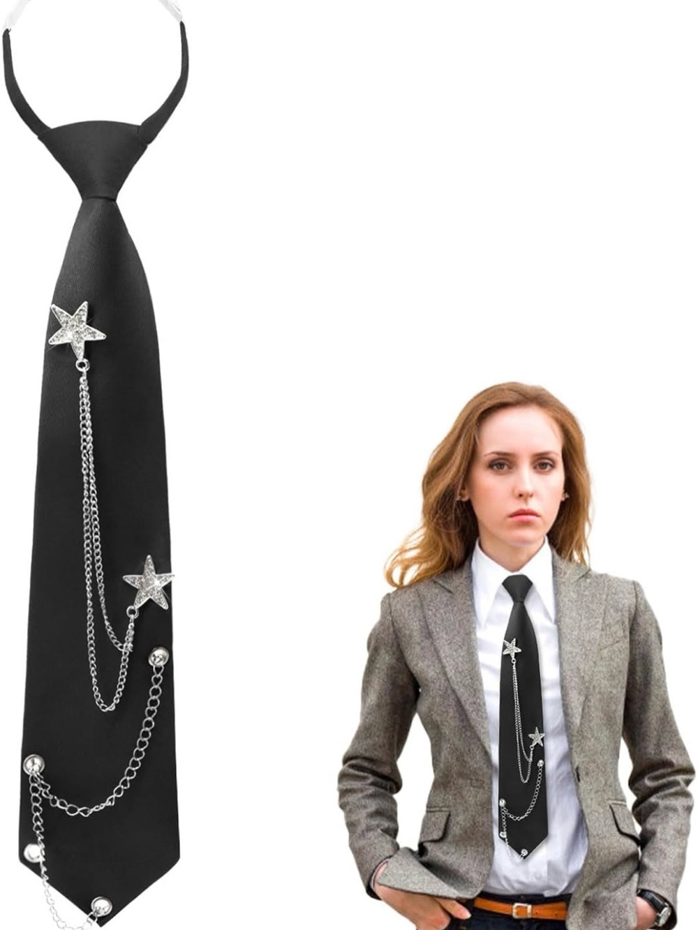Black Satin Tie with Star Chain Accent